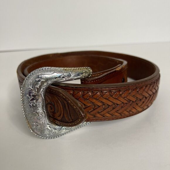 Vintage Nocona Unisex Sz 34 Belt Silver Western Hand Tooled Cowhide Leather main image 13